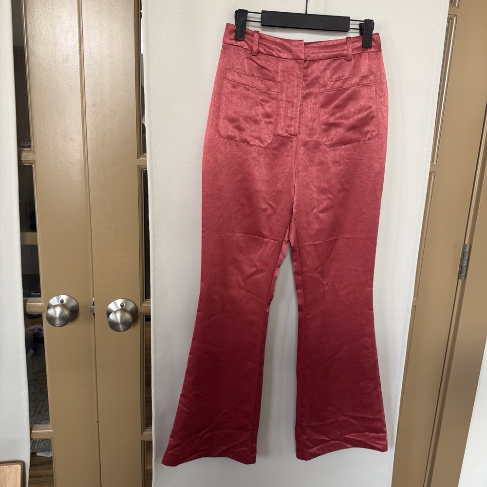 Moon River Womens XS Red Satin High Rise Flare Pants Bottoms Pockets